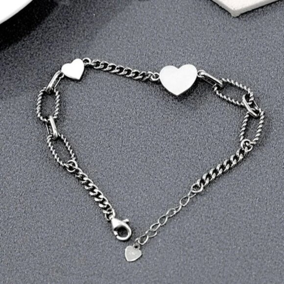 925 Sterling Silver Heart Bracelet Heart Charm Bracelet Paperclip Link Bracelet - Picture 3 of 6